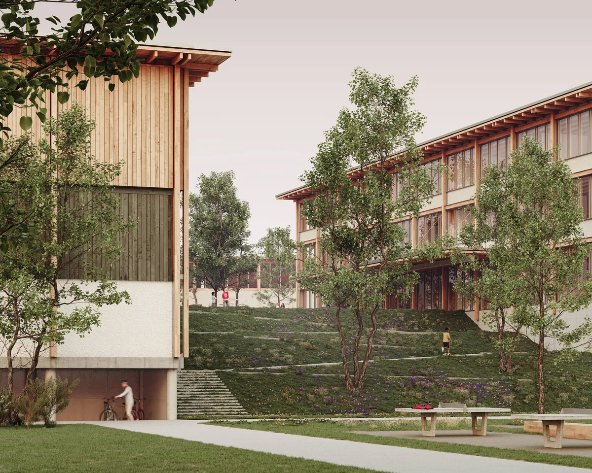 Man sieht Visualisierungen der neuen Schul- und Sportanlage in Bubikon.